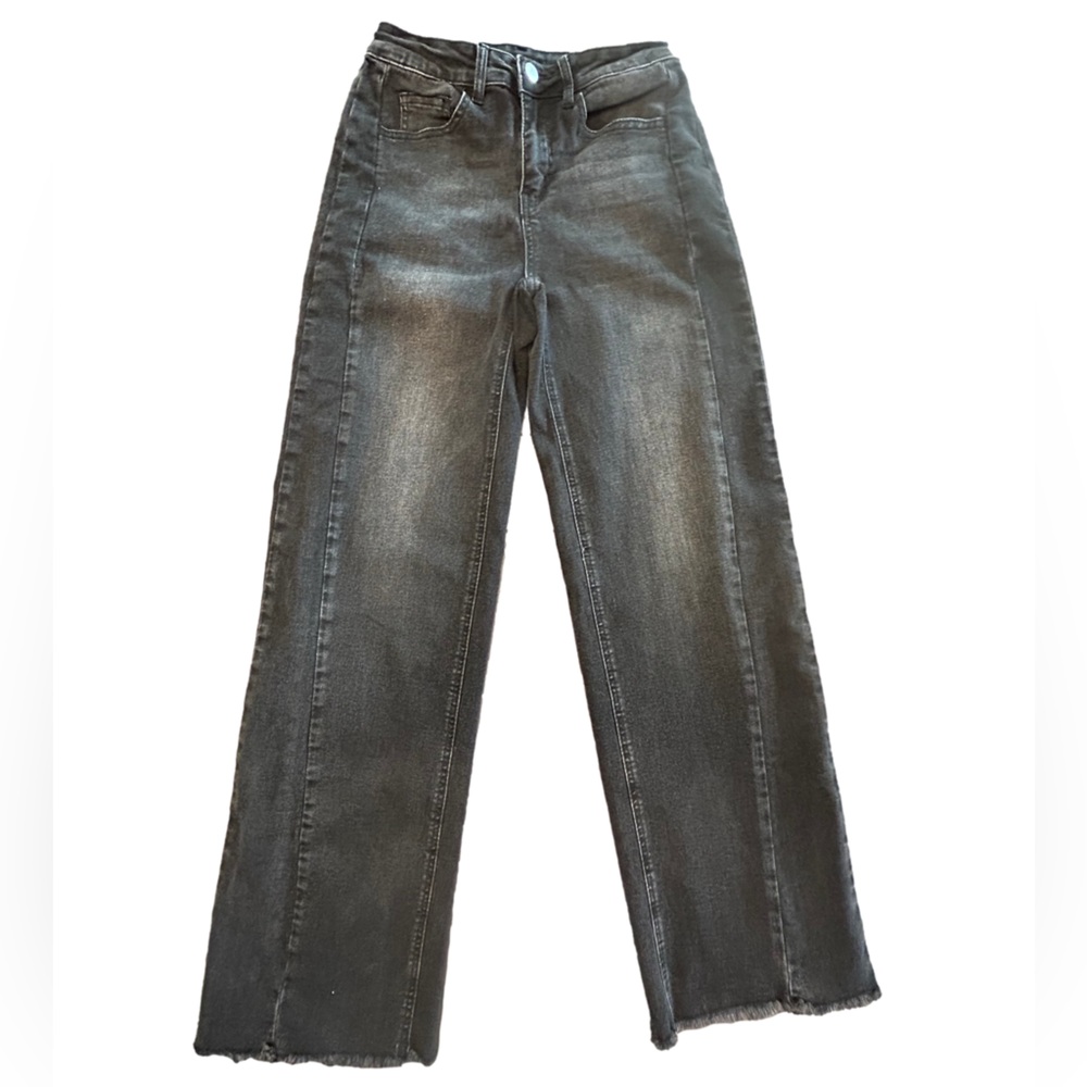 Faded black worn in wide leg frayed hem jeans indie sleaze grunge casual 4 long